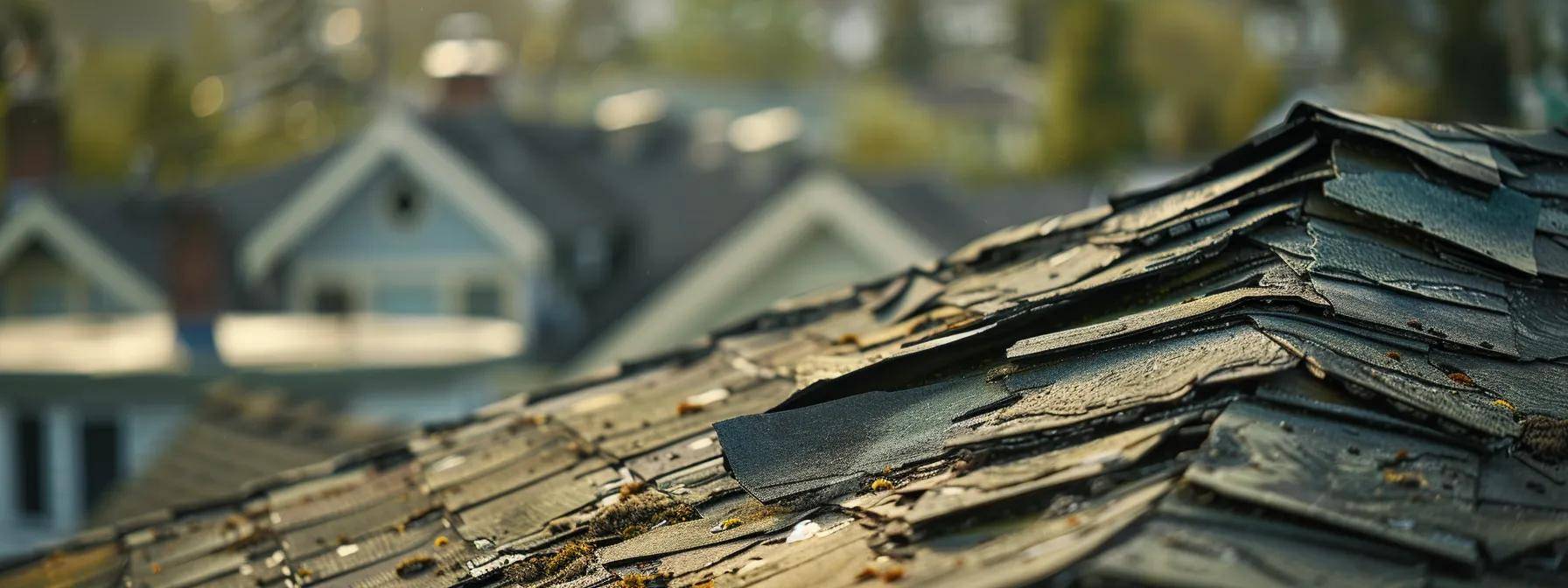 a visually striking image captures a close-up of a sagging, weathered roof with missing shingles and visible leaks, set against a stark urban backdrop, signifying the urgent need for a roof replacement.