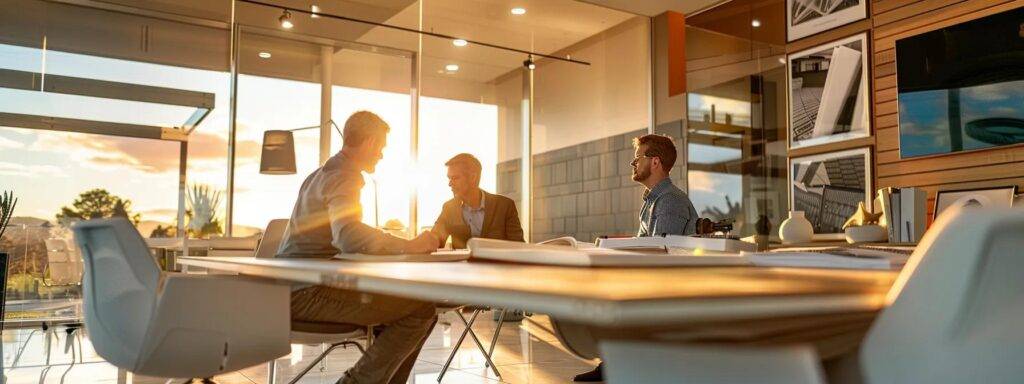 a visually striking office scene depicts a professional meeting between a homeowner and a roof contractor, with a detailed presentation of roof materials and contract documents laid out on a sleek conference table, surrounded by modern decor and warm, focused lighting.