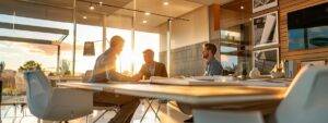 a visually striking office scene depicts a professional meeting between a homeowner and a roof contractor, with a detailed presentation of roof materials and contract documents laid out on a sleek conference table, surrounded by modern decor and warm, focused lighting.