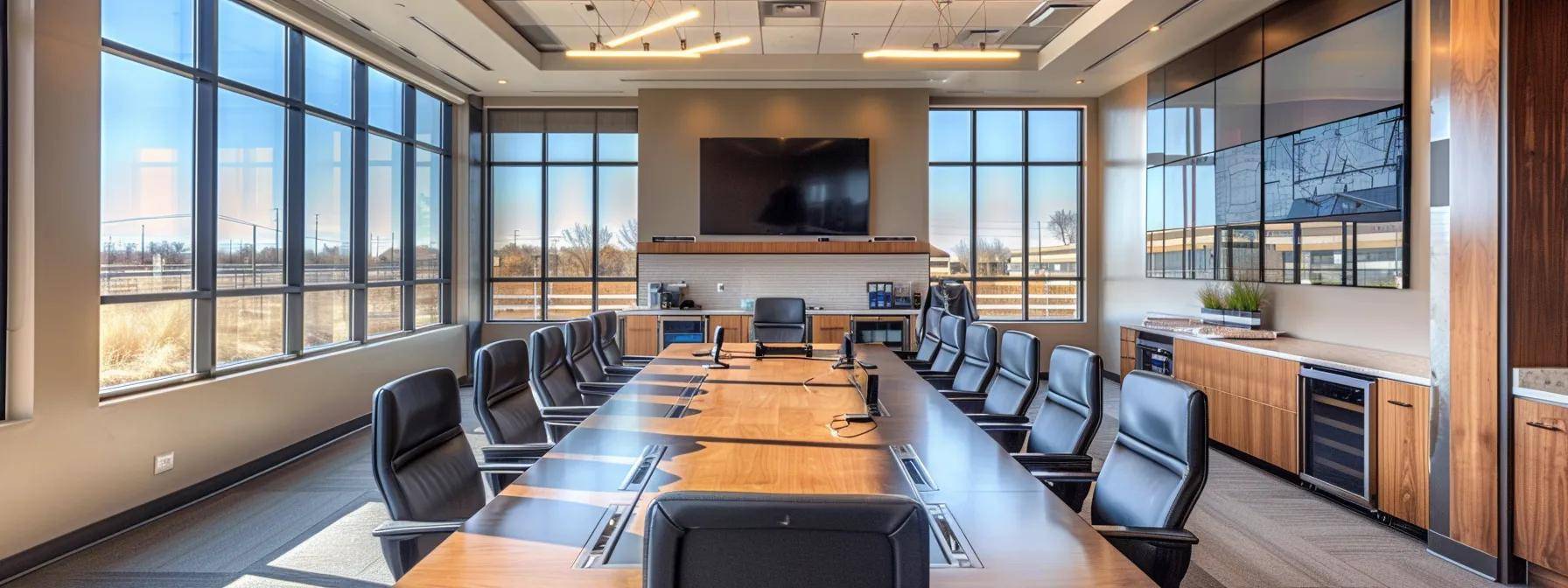 a warm and inviting office meeting space where a family-owned roofing contractor discusses projects with clients, showcasing personalized service through a large table adorned with blueprints and a welcoming atmosphere.