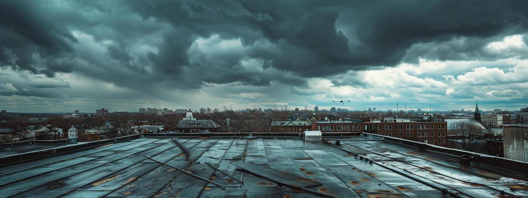 a weathered massachusetts rooftop under a stormy sky, showcasing visible signs of wear from harsh winter snow, spring rain, and strong winds, highlighted by a looming inspection drone capturing the urgency for maintenance.