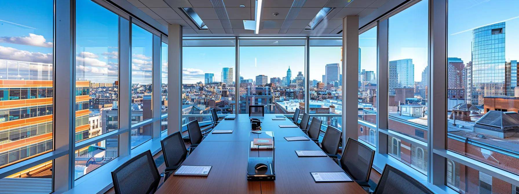 a well-organized office space features a sleek conference table scattered with documents and digital devices, while a large window showcases a clear view of massachusetts rooftops, emphasizing the importance of seasonal roof maintenance programs and their benefits.