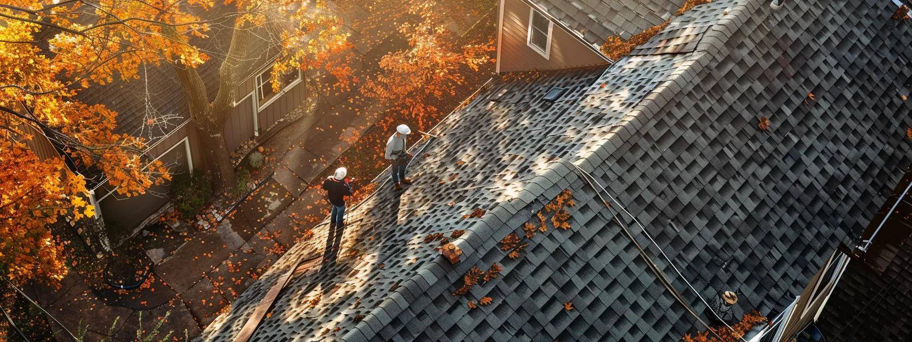 a well-maintained massachusetts roof, prominently displayed against a gray autumn sky, shows workers methodically clearing debris and inspecting shingles, emphasizing proactive fall maintenance for winter preparation.