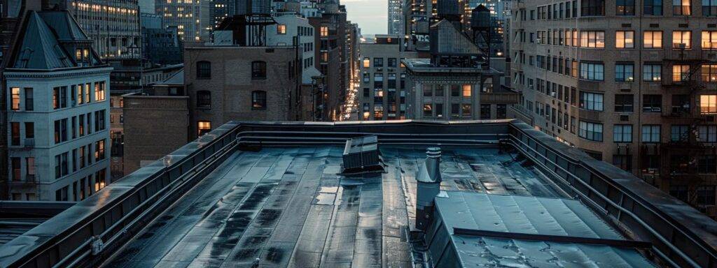 an engaging rooftop scene showcasing a comparison of sleek metal roofing and textured asphalt shingles, set against a bustling urban skyline in massachusetts, highlighting the contrast in materials and textures under soft, even lighting.