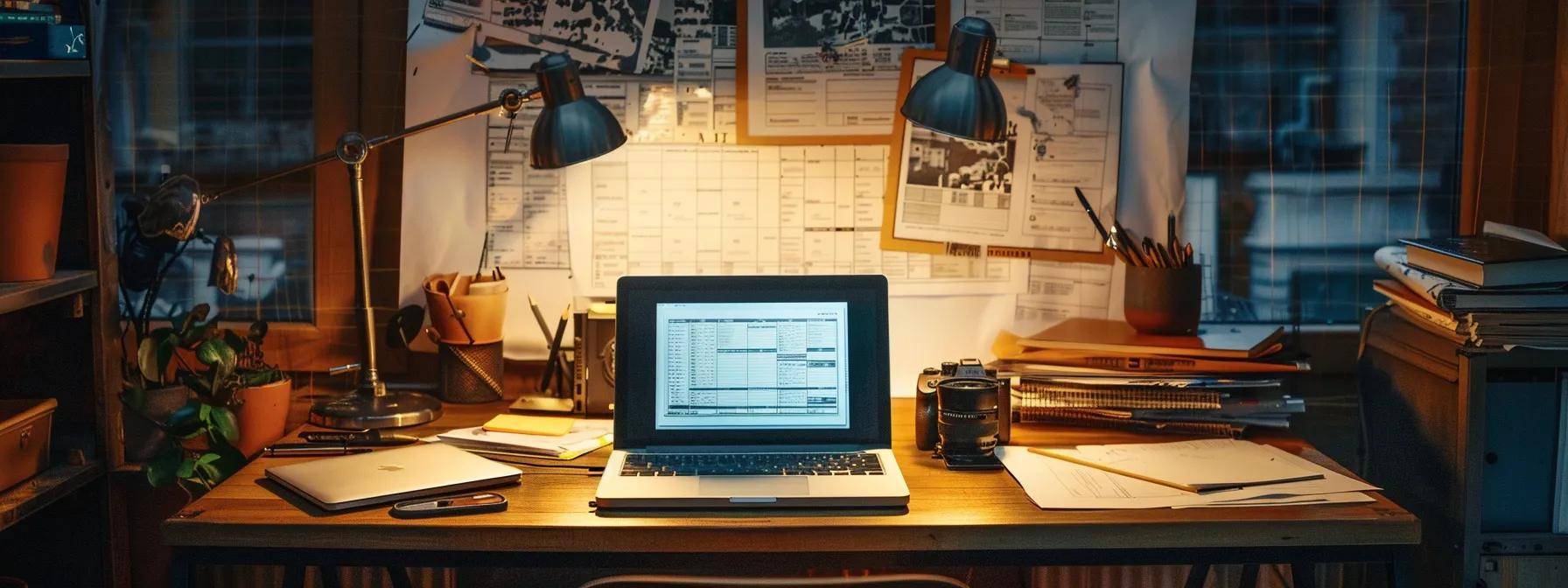 an organized home office setting features a laptop displaying a digital checklist for roof damage documentation, surrounded by neatly arranged files, inspection reports, and a blueprint, all illuminated by focused task lighting to emphasize preparation for an insurance claim.