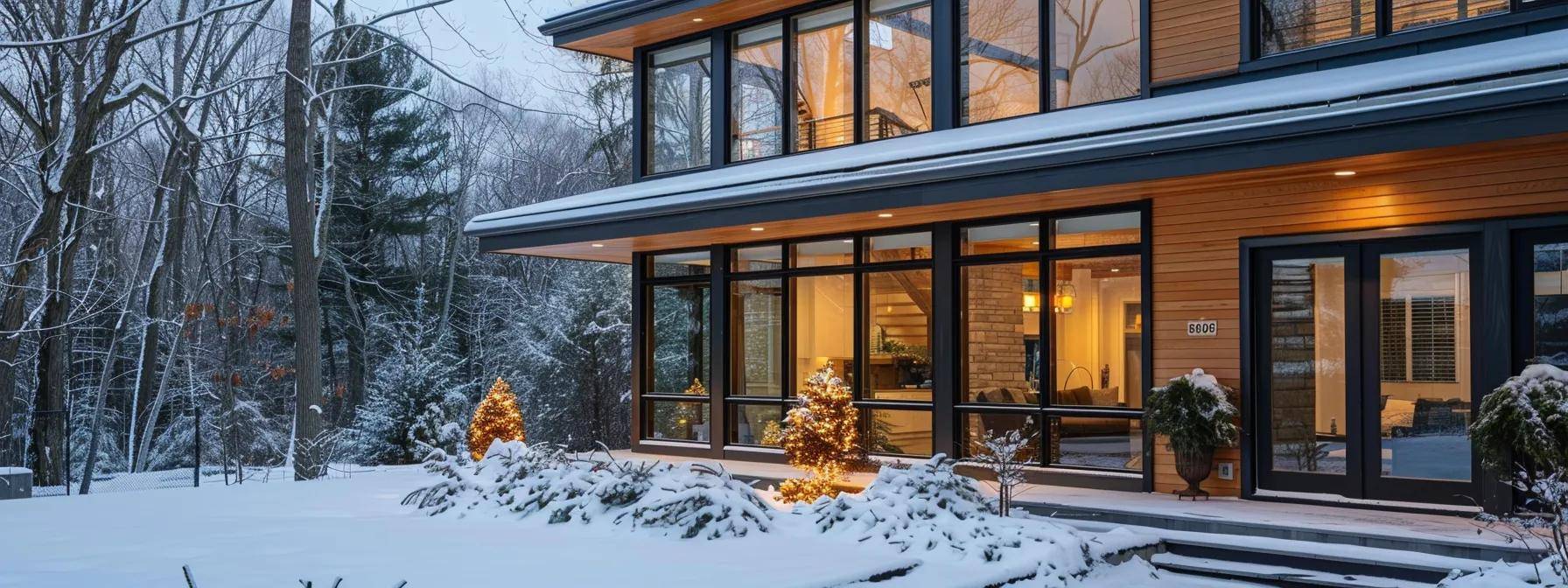a contemporary massachusetts home showcases sleek, robust weatherproof windows, framed by a cozy winter atmosphere, emphasizing energy efficiency and durability against the backdrop of a serene, snow-dusted urban neighborhood.