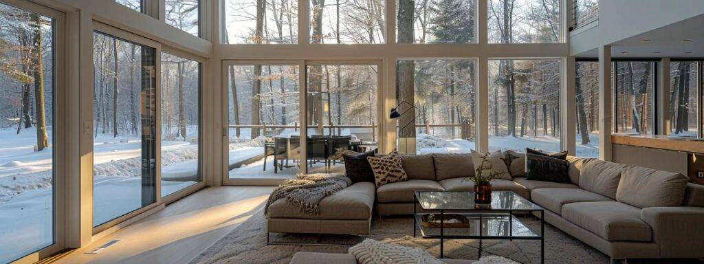 a cozy, modern living room in a massachusetts home, showcasing brand-new, energy-efficient windows adorned with crisp, frosty glass, dramatically reflecting the harsh winter landscape outside.