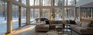 a cozy, modern living room in a massachusetts home, showcasing brand-new, energy-efficient windows adorned with crisp, frosty glass, dramatically reflecting the harsh winter landscape outside.
