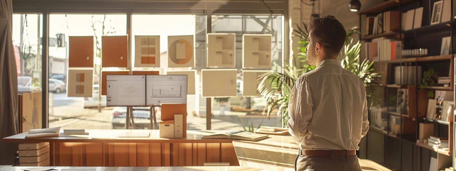 a modern office environment showcases a confident homeowner reviewing financing options for energy-efficient window replacements, illuminated by sleek overhead lighting and surrounded by brochures and digital displays highlighting various financing plans.