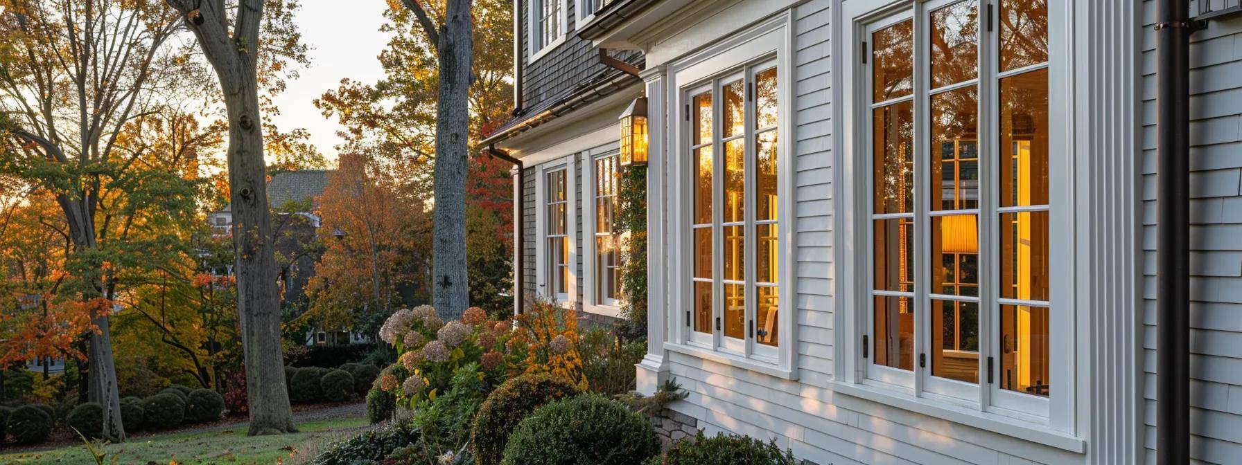a row of elegantly styled windows in various architectural designs adorns a classic massachusetts home, showcasing their ability to enhance both the aesthetic charm and weather resilience against the region's changing seasons.