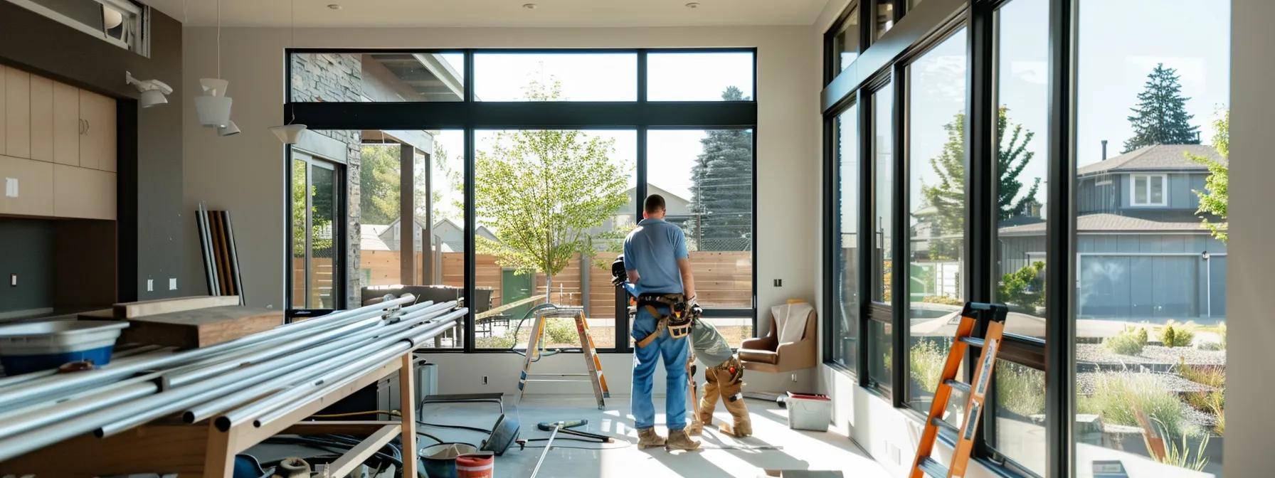 a sleek, modern home interior showcases an energy-efficient window installation in progress, with a professional contractor measuring precise dimensions against a sleek, urban backdrop, emphasizing cost-effective home improvement strategies.