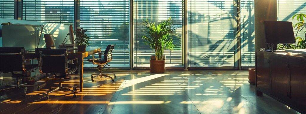 a close-up view of a modern office showcasing a large, cracked window, with sunlight casting sharp shadows on the interior, emphasizing the urgent need for replacement in a sleek urban environment.