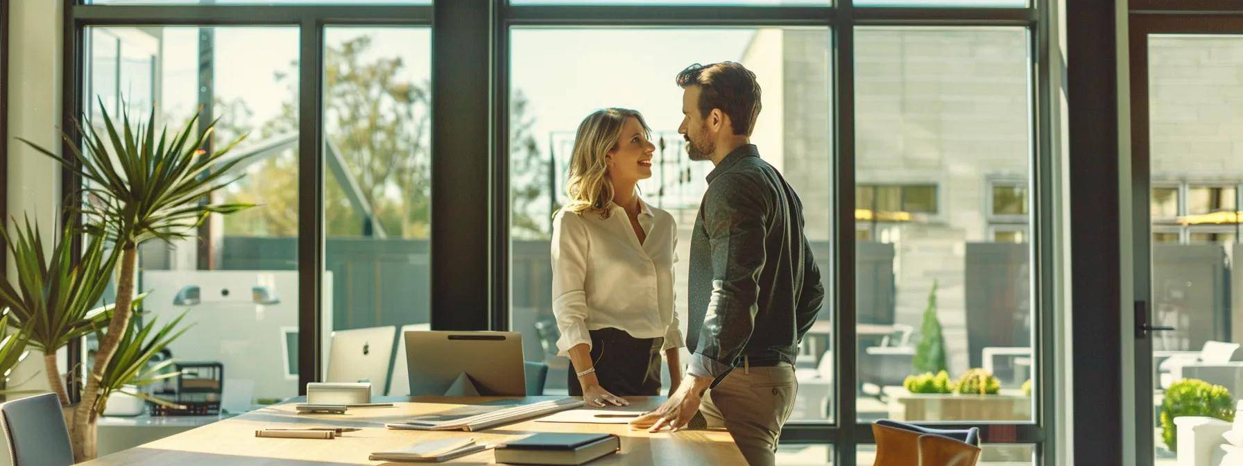 a confident homeowner stands in a modern, well-lit office space, intently discussing window replacement options with an expert contractor, while a portfolio showcasing various window styles and testimonials decorates the sleek conference table.