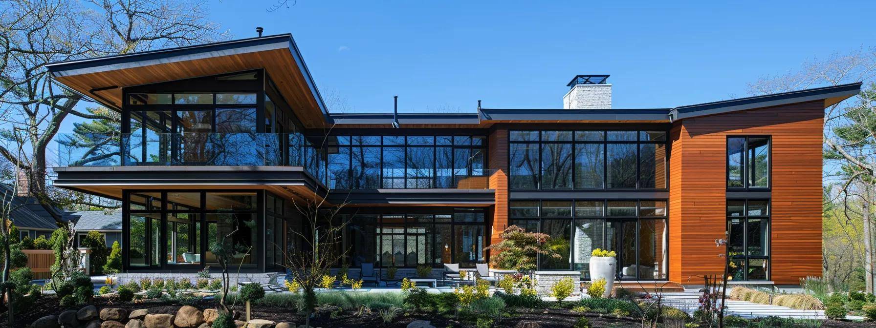 a contemporary massachusetts home features sleek, energy-efficient windows that dramatically enhance its modern facade, showcasing an inviting interior filled with natural light while reflecting the structure's architectural elegance against a clear blue urban backdrop.