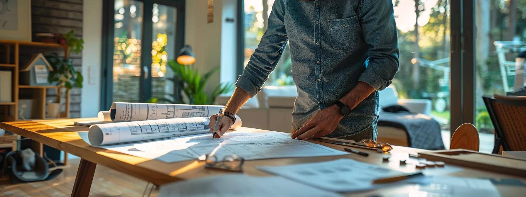 a focused image of a modern home interior showcasing a homeowner examining blueprints and energy assessment reports on a sleek table, surrounded by window samples and contractor quotes, capturing the essence of a well-prepared window replacement project in an organized and professional setting.