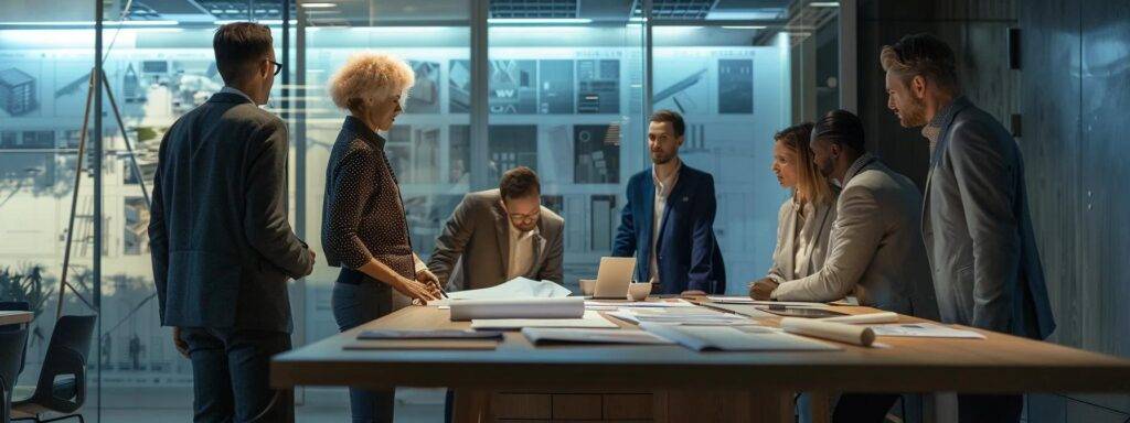 a focused interior shot of a modern office conference room, featuring a diverse group of professionals attentively discussing window replacement options, surrounded by technical blueprints and samples of window materials, illuminated by crisp, artificial lighting.