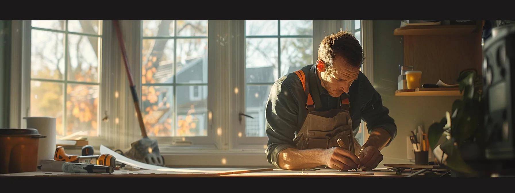 a focused shot of a professional installer carefully measuring a window frame in a well-lit massachusetts home, showcasing precision tools and the structured chaos of home renovation.