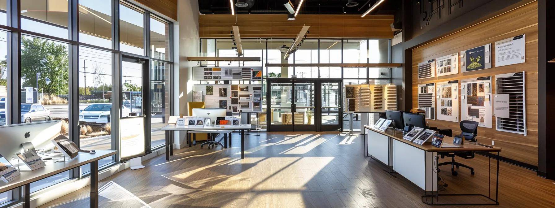 a modern, bustling home improvement office showcases a sleek display of various window types, highlighting energy-efficient materials and financing brochures on a contemporary desk, with a backdrop of professionals engaged in consultations.