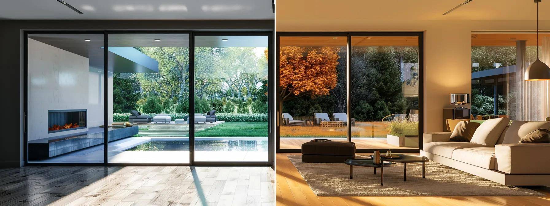 a modern home interior displays a side-by-side comparison of vinyl, wood, and fiberglass windows, showcasing their distinct aesthetics and insulation features with a sleek urban decor, illuminated by soft ambient lighting that emphasizes energy efficiency.