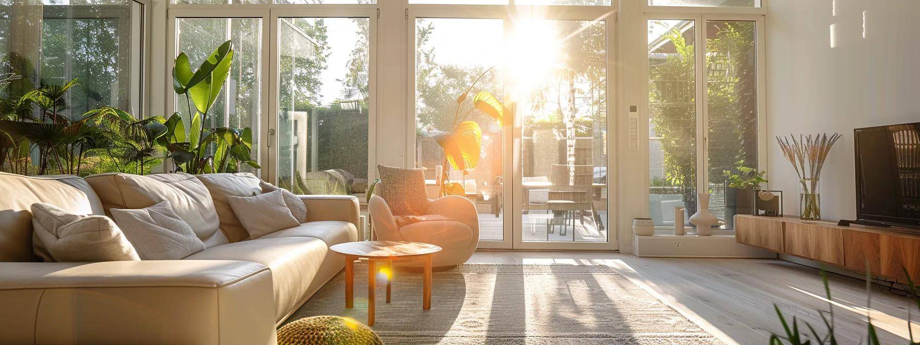 a modern home interior showcases a sleek window replacement in a brightly lit living room, highlighting the clarity and aesthetics of the new glass panes while suggesting improved home value and energy efficiency.