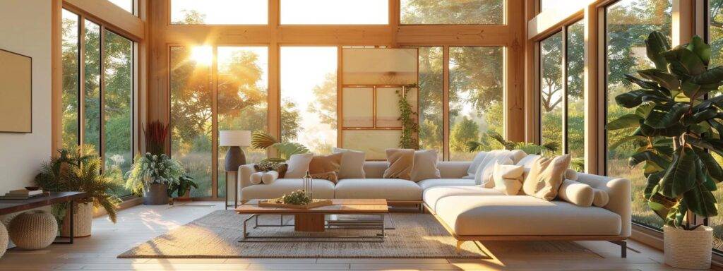 a modern living room features sleek, energy-efficient windows that flood the space with bright, filtered light, showcasing the elegant interior design and emphasizing the transformative benefits of window replacement for homeowners.