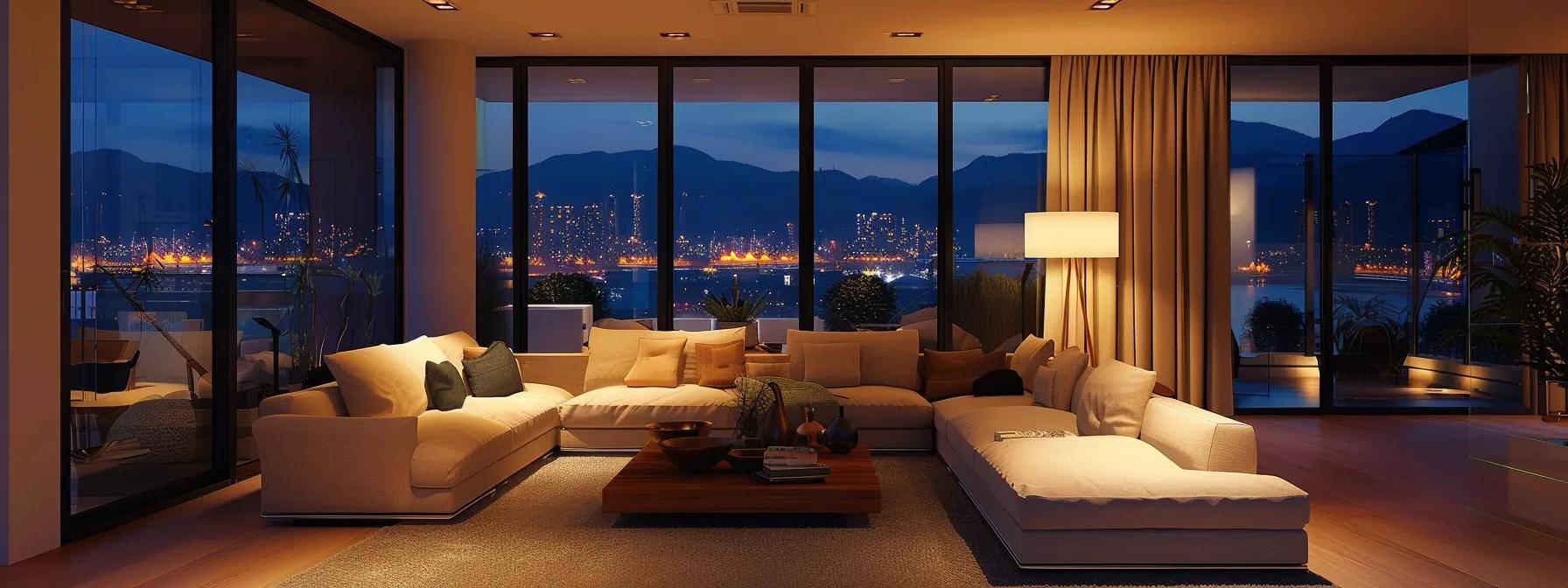 a modern living room featuring sleek, double-glazed windows with advanced thermal coatings, illuminating the cozy space with a warm glow while emphasizing energy efficiency through a stylish, minimalistic design that showcases the benefits of window replacement.