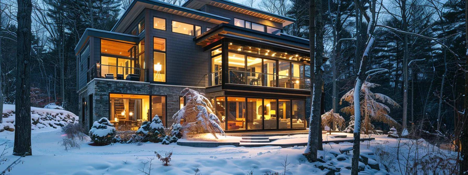 a modern massachusetts home features energy-efficient windows reflecting the stark contrast of a dreary winter landscape, emphasizing the need for durability and performance against harsh weather and building codes.