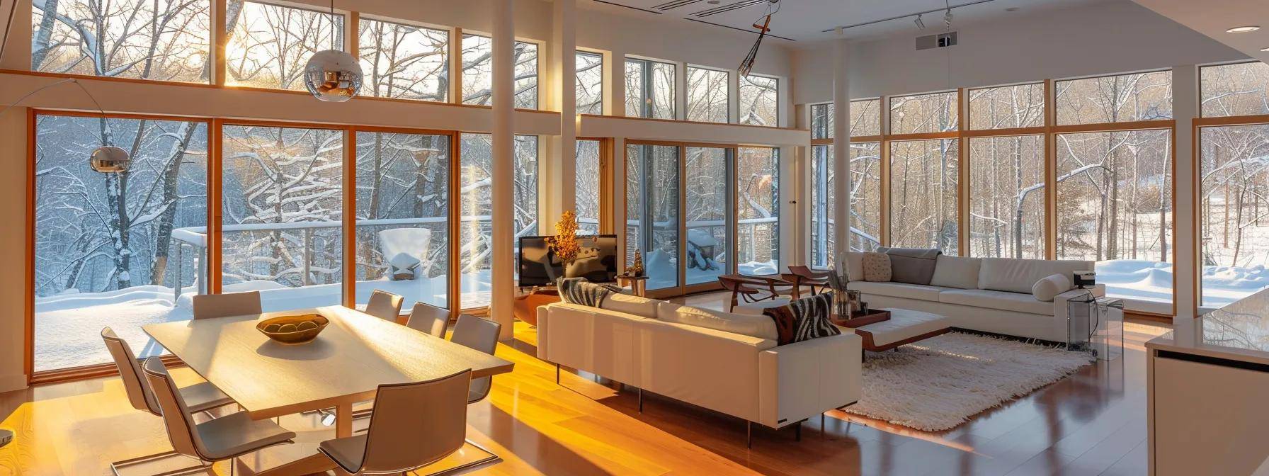 a modern massachusetts home interior showcases sleek, energy-efficient windows, emphasizing their robust insulation qualities against a backdrop of snowy winter outside, highlighting their role in enhancing energy efficiency and reducing utility costs.