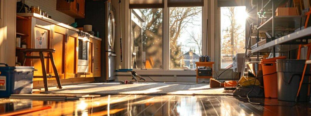 a modern massachusetts home interior showcases the intricate window replacement process, featuring a professional team carefully removing an old window amidst sleek, contemporary furnishings and tools neatly organized on a polished floor.