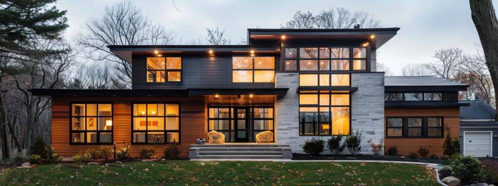 a modern massachusetts home showcases a striking transformation with newly installed, sleek windows that enhance its architectural appeal, framed by an inviting urban neighborhood.