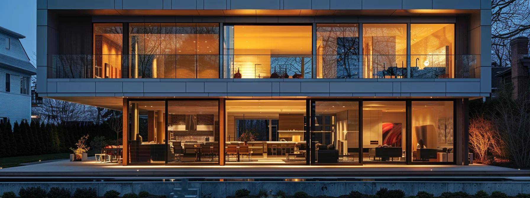 a modern massachusetts home showcases various window materials displayed prominently against an urban backdrop, emphasizing durability and design choices influenced by local environmental challenges like high winds and coastal conditions.