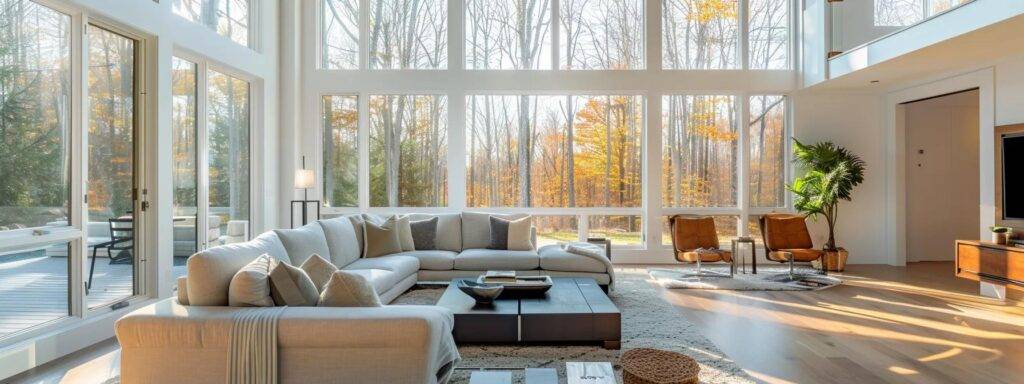 a modern massachusetts living room showcases newly installed, energy-efficient windows, flooding the stylish interior with crisp, clear light and highlighting the sleek furnishings that enhance indoor comfort.