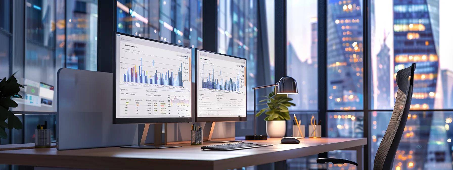 a modern office environment showcases a sleek workstation with dual monitors displaying financial graphs and productivity software, illuminated by focused led lighting, emphasizing the impact of a windows upgrade on operational efficiency and cost savings.
