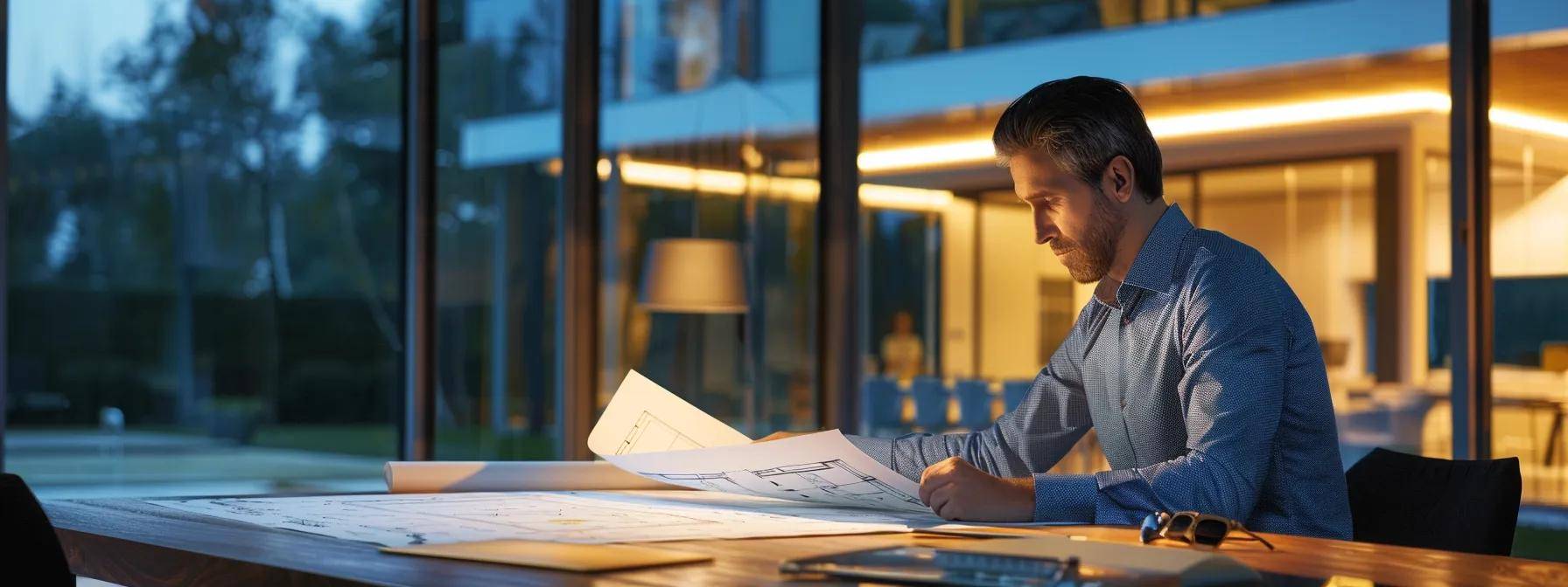 a modern office setting featuring an architect reviewing detailed blueprints of a house with large windows, illuminated by sharp led lighting, emphasizing the importance of obtaining necessary permits for structural alterations.