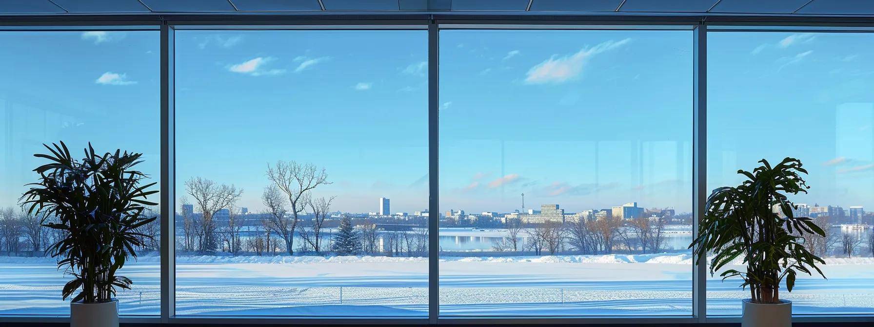 a modern office space displaying a sleek, energy-efficient window fitted with high-quality seals and argon gas fill, showcasing its insulating features against the backdrop of a cold massachusetts winter skyline.