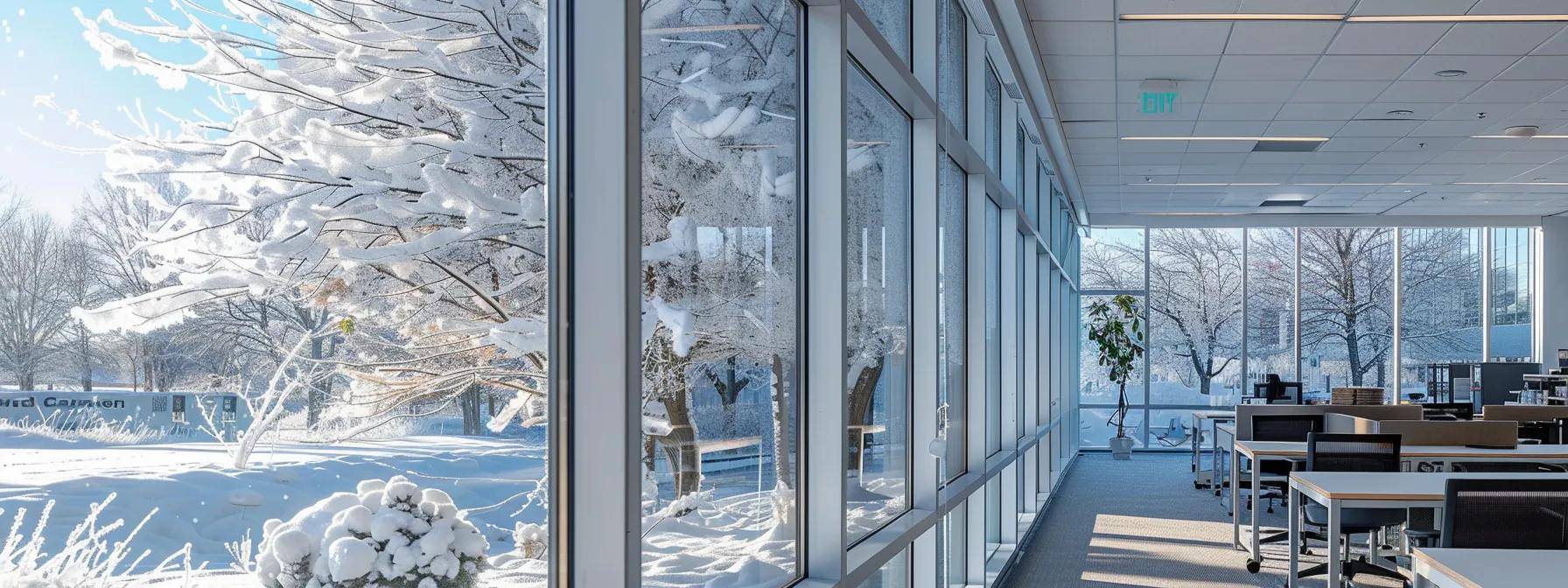 a modern office space features a large window showcasing the harsh winter weather outside, with frost clinging to the glass, highlighting the essential need for durable and energy-efficient window installations that comply with massachusetts' stringent building codes.