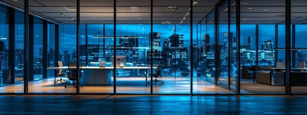 a modern office with sleek new windows reflecting vibrant city lights, illustrating the tangible difference in energy efficiency and reduced utility bills through sophisticated design.