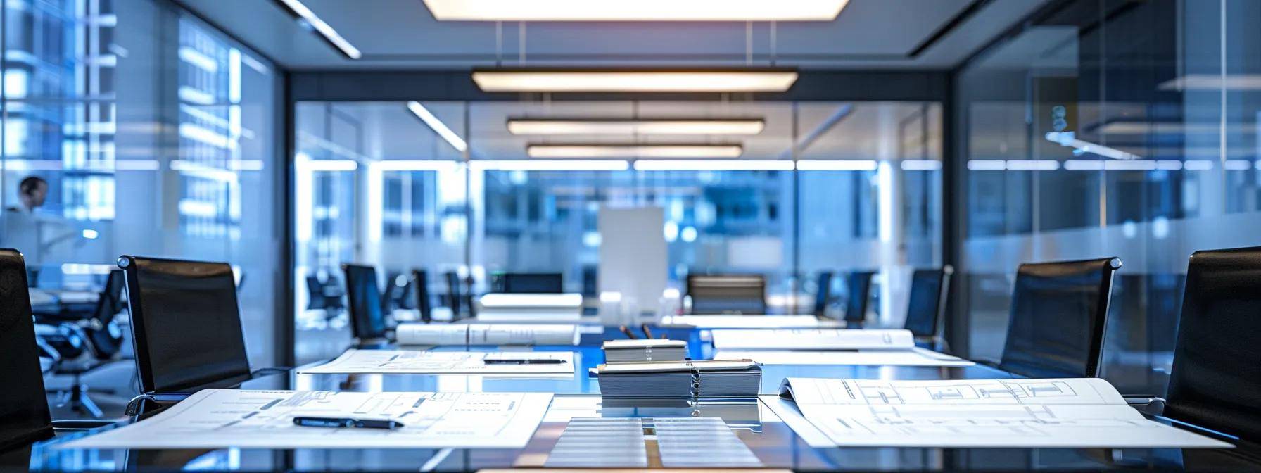 a modern office workspace showcases a professional consulting session, with blueprints and documents outlining massachusetts building codes prominently displayed on a sleek conference table, illuminated by sharp fluorescent lighting that emphasizes a sense of efficiency and compliance.