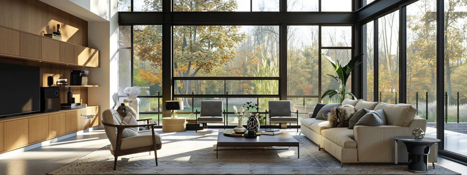 a modern, sleek living room features energy-efficient dual-pane windows, showcasing a cozy atmosphere with even lighting, emphasizing the comfort and uniform temperature achieved indoors, while sleek furniture and minimalistic decor highlight the advanced insulation benefits.
