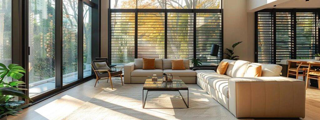 a modern, sleek living room showcases an impressive array of newly installed, energy-efficient windows, casting sharp reflections and enhancing the stylish interior design.