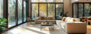 a modern, sleek living room showcases an impressive array of newly installed, energy-efficient windows, casting sharp reflections and enhancing the stylish interior design.