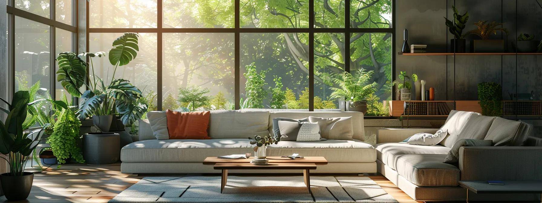 a modern, stylish living room showcases an array of high-efficiency window designs, including double-pane and triple-pane units, installed to maximize natural light and energy savings, set against a sleek contemporary interior backdrop.