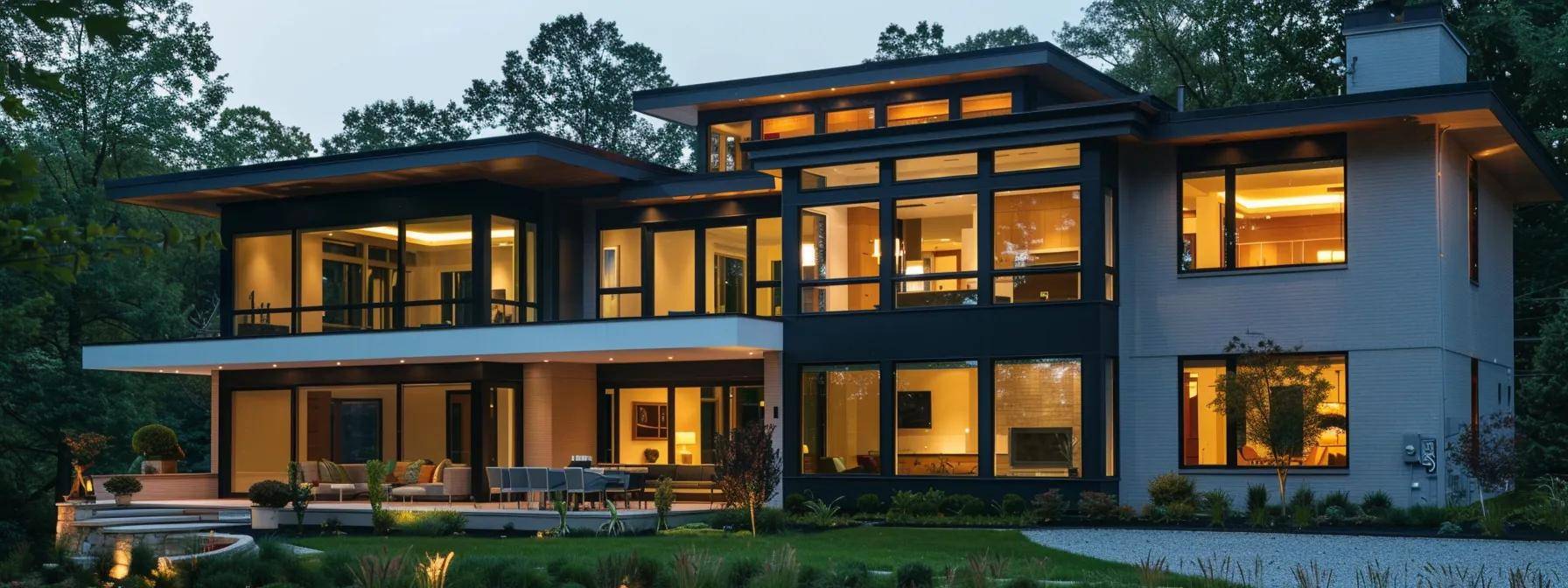 a modern urban home in massachusetts showcases newly installed, sleek, impact-resistant windows that reflect security and sophistication, while the subdued lighting emphasizes the home's advanced locking system and technology-enhanced features.