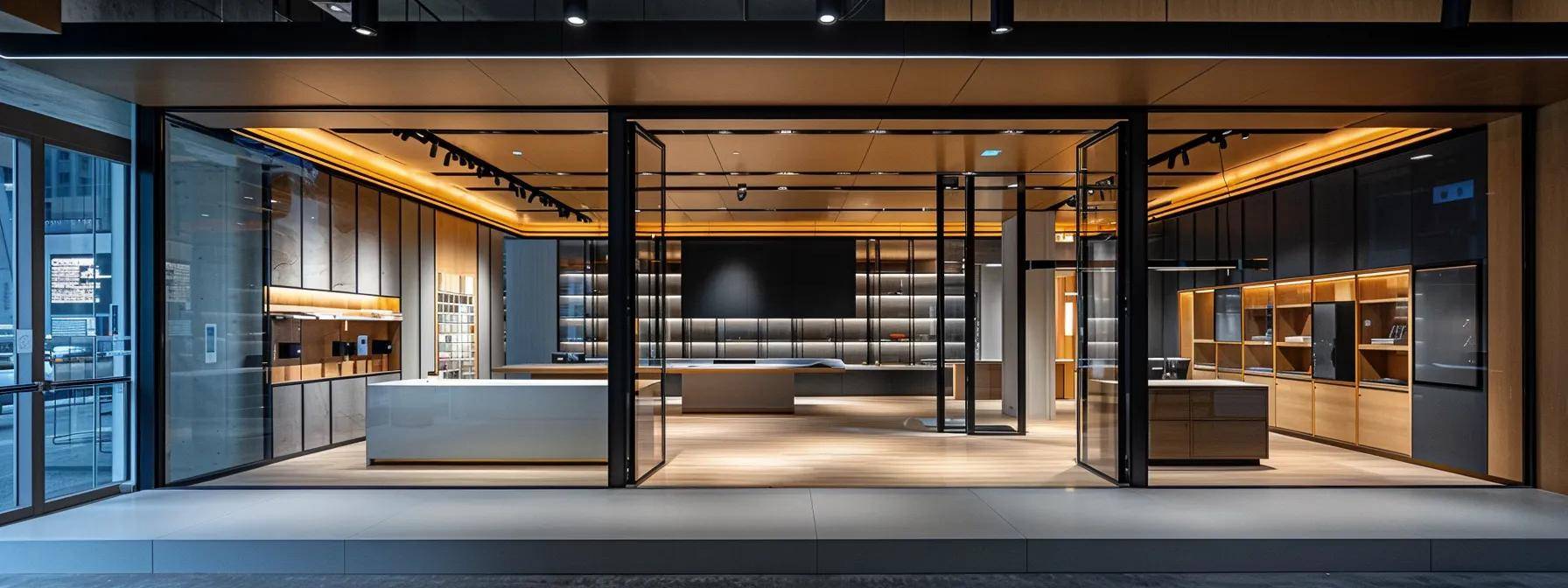 a modern urban office showcases a sleek display of various window materials, each labeled with detailed specs on durability and energy efficiency, illuminated by bright overhead lighting that emphasizes their textures and finishes.