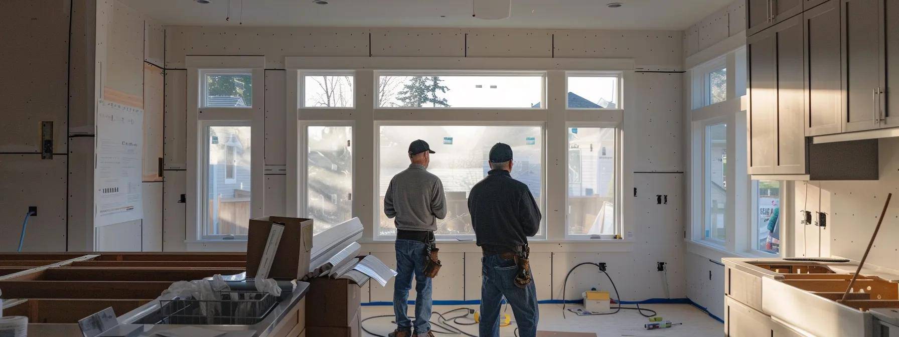 a modern, well-lit home interior showcases an empty window space with clear surfaces, ready for the installation team, while an attentive homeowner consults with a contractor, emphasizing the importance of preparation and communication during the window installation process.