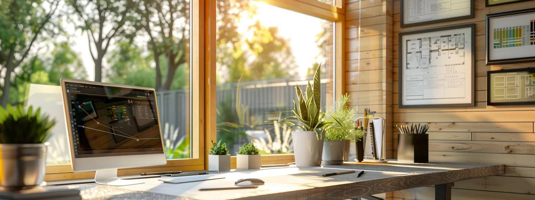 a modern, well-lit home office showcases a vibrant display of various window types, including sleek vinyl, elegant wood, and sturdy fiberglass, with architectural blueprints and energy efficiency charts subtly arranged in the background, emphasizing their distinct advantages for replacement or repair decisions.