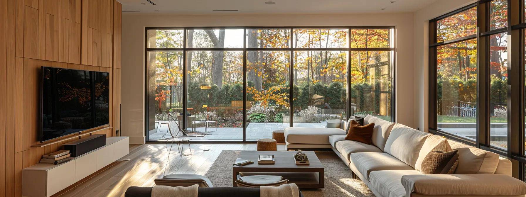 a modern, well-appointed living room features elegantly installed, energy-efficient windows with seamless seals and a sleek design, illustrating the enhanced comfort and thermal performance that come from professional installation.