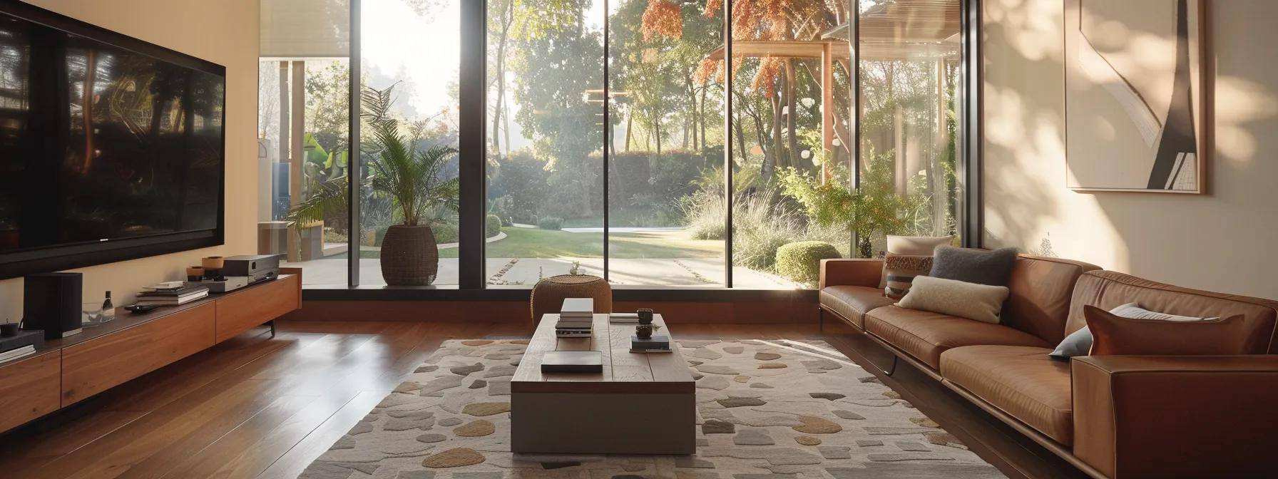 a modern, well-lit living room showcases sleek, energy-efficient windows that seamlessly blend style and functionality, with a cozy atmosphere suggesting enhanced comfort through superior insulation and reduced noise.