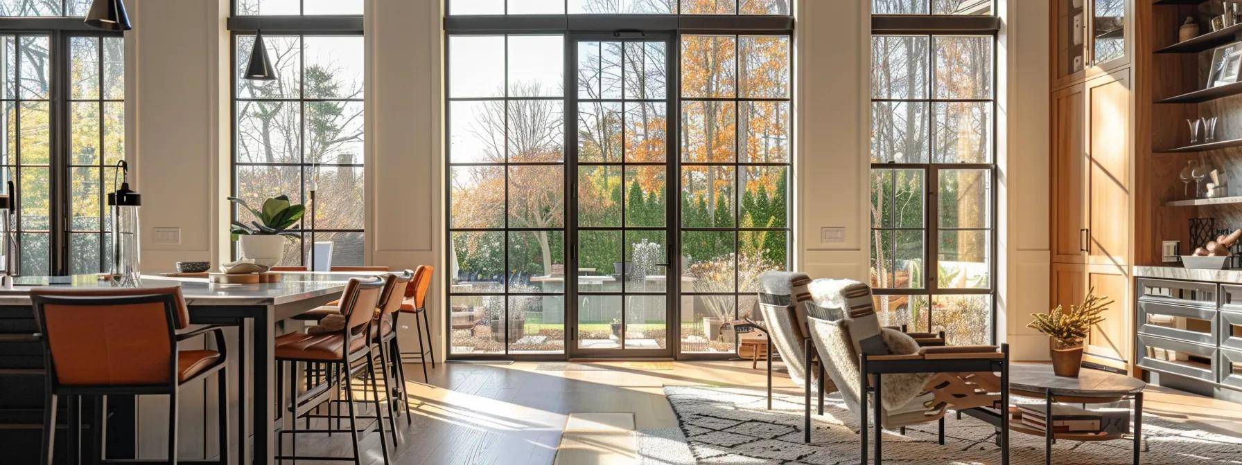 a polished interior scene showcasing a modern home window display in massachusetts, highlighting robust, energy-efficient windows designed to withstand variable weather, with subtle design elements that reflect local building codes and urban architecture.