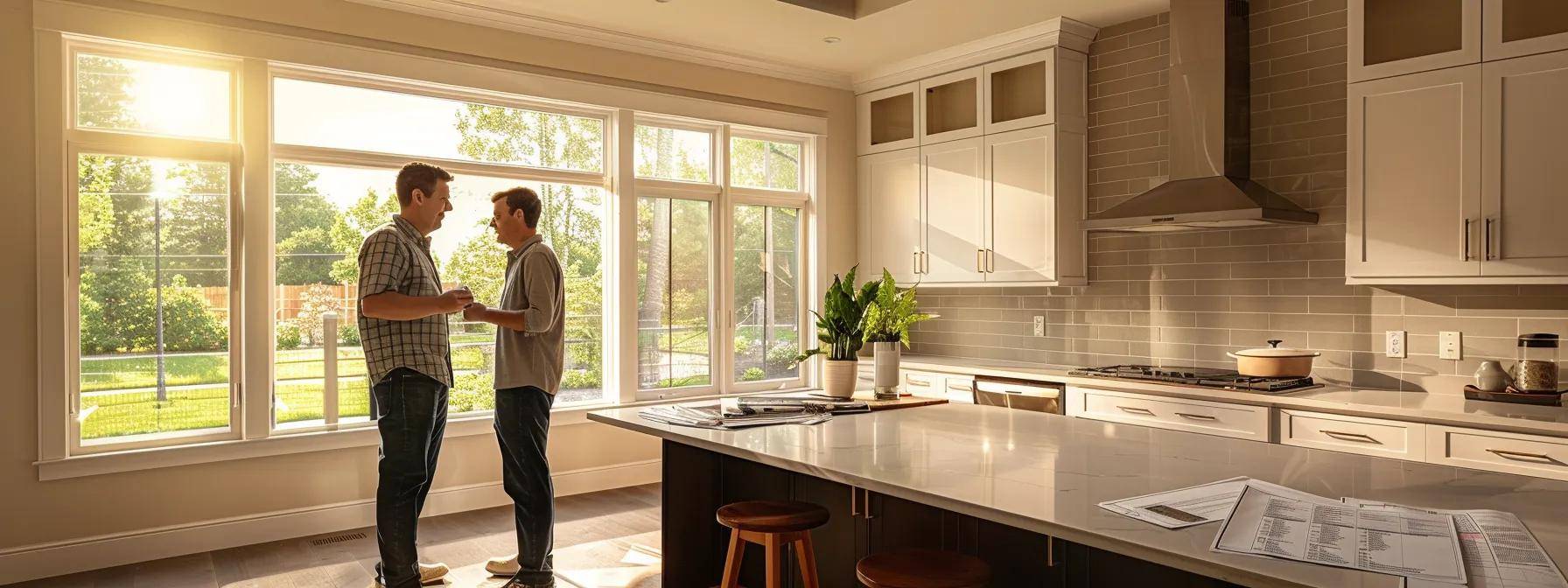 a professional contractor conducts a detailed consultation with a homeowner in a well-lit massachusetts kitchen, surrounded by a layout of sleek, modern window samples and a building code checklist on the table, emphasizing the window replacement process.